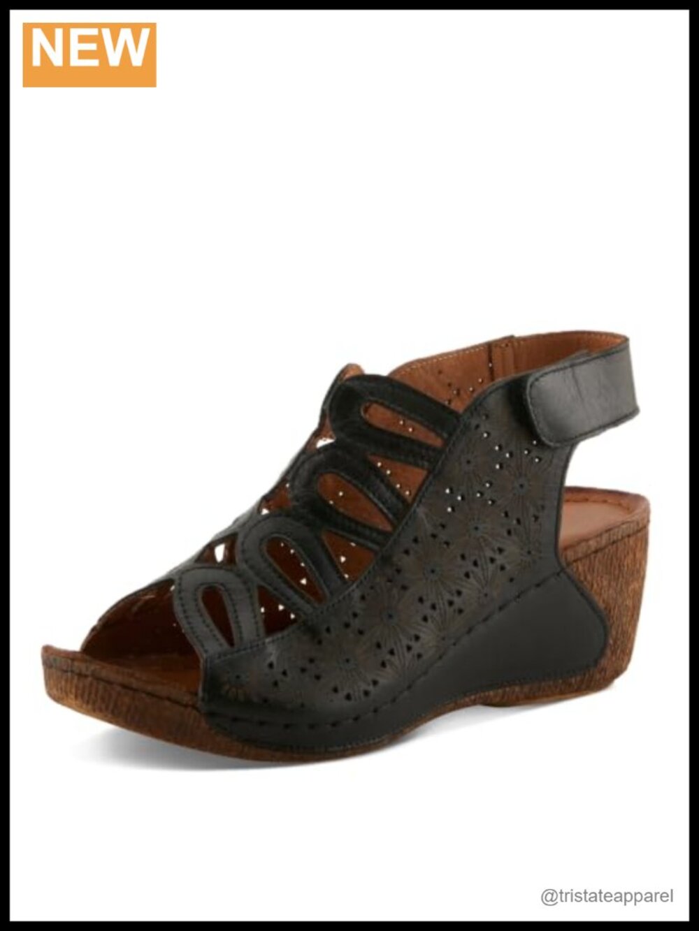 Leather Wedge Sandals Women Floral Laser Cut Hook and Loop Strap Mediterranean
